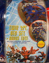 Load image into Gallery viewer, Marvel Spiderman 4 Piece Twin Bedding and Sheet Set with Bonus Tote
