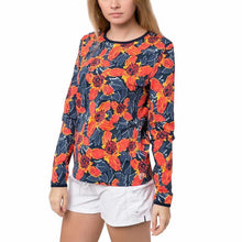 Load image into Gallery viewer, Hang Ten Womens Long Sleeve Rashguard with UPF 50+, (Wallpaper Red, Size: XS)