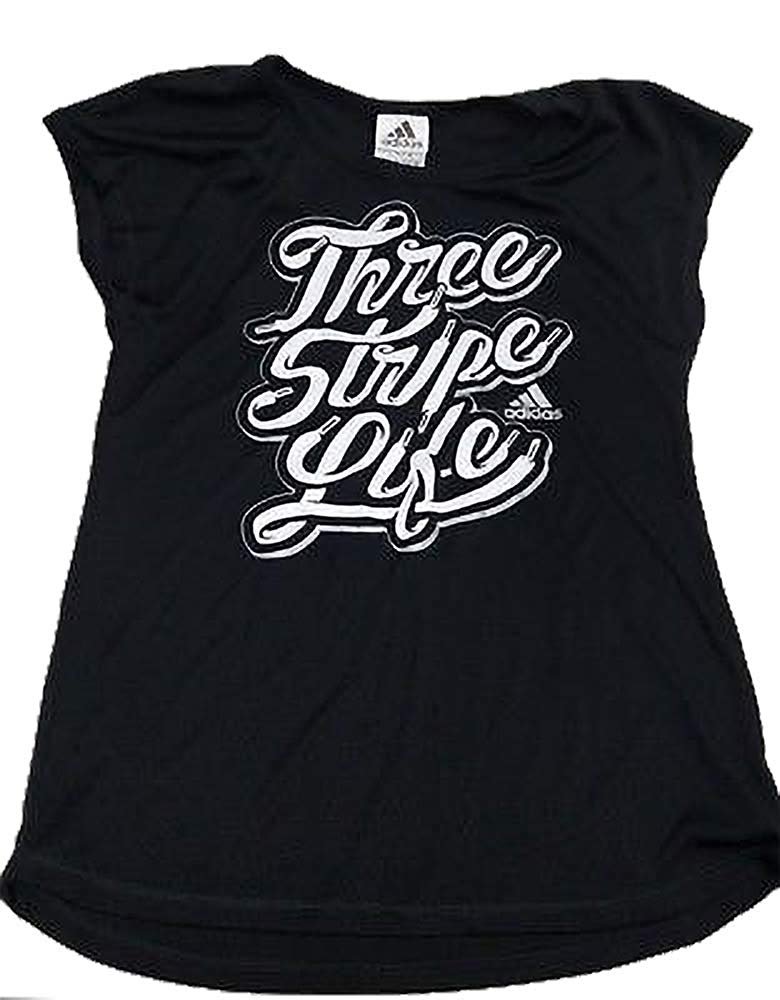 adidas Girl's Three Stripe Life Script Graphic Muscle Tee, Black