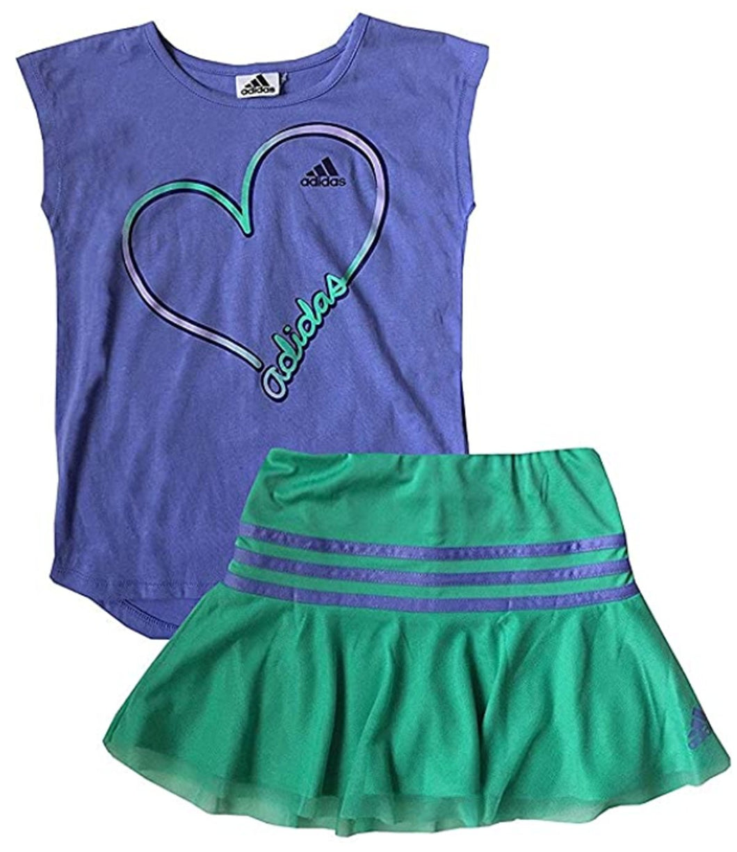 adidas Girl's 2 Piece Athletic T-Shirt & Skort Set (Purple/Green…
