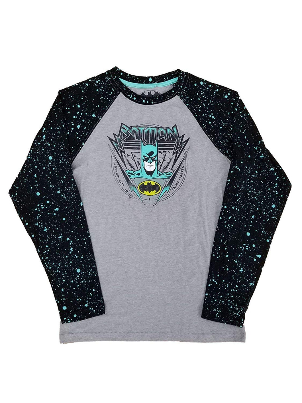 Batman DC Comics Boys Gray/Black/Turq Raglan Graphic Tee Long Sleeve Shirt