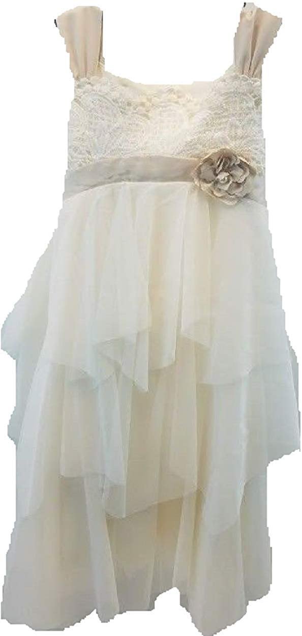 Biscotti Girls Dress Ivory Organza Crochet Top Satin Tie Flower Pearl, Size 7