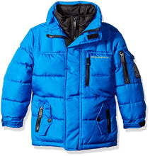 Load image into Gallery viewer, Weatherproof Big Boys' Bubble Jacket (More Styles Available), Blue with Yellow Logo A A, 14/16
