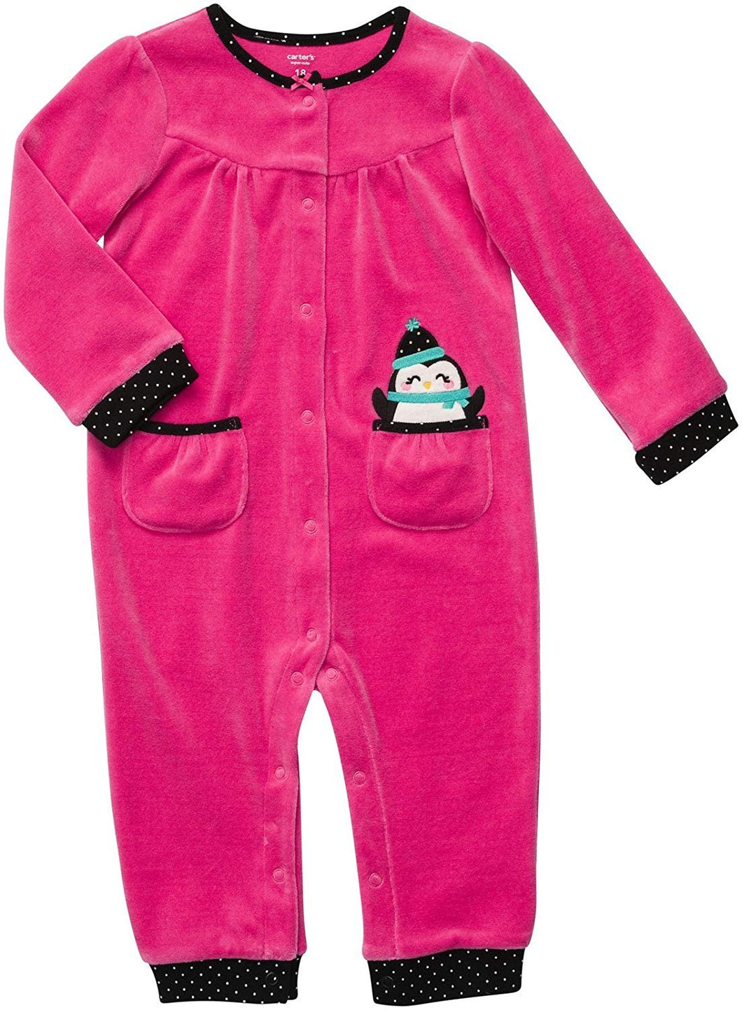 Carter's Baby Girl's Infant Long Sleeve One Piece Velour Coverall - Happy Penguin